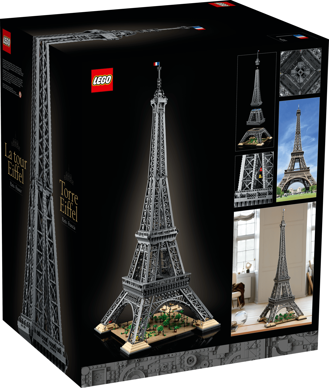 LEGO Eiffel Tower set box back with another angle, a real photo of the landmark, and a home display shot