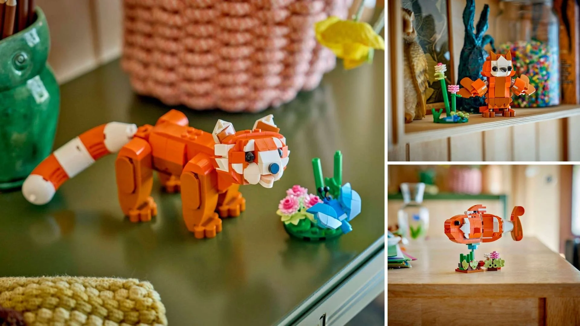LEGO Cute Animals Red Panda set shown as three builds: a red panda with pink flowers, an owl and a clownfish