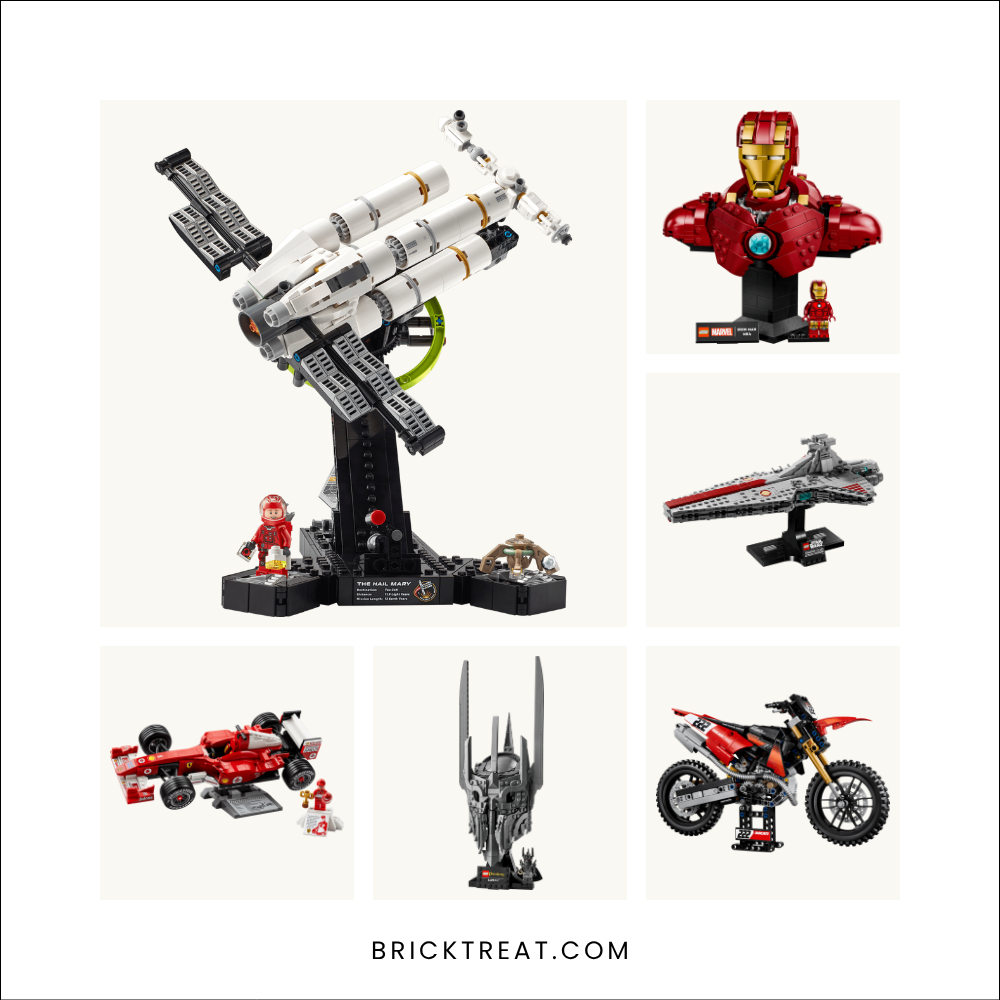 LEGO gifts for dad collage showing the Project Hail Mary spacecraft, Iron Man bust, Venator cruiser, Ferrari F2004, Sauron helmet and Ducati dirt bike