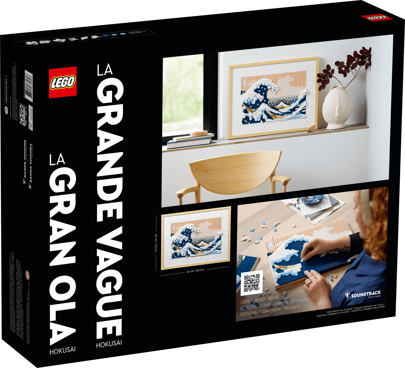 LEGO Art Great Wave set box back with the finished piece displayed on a windowsill next to a vase and books