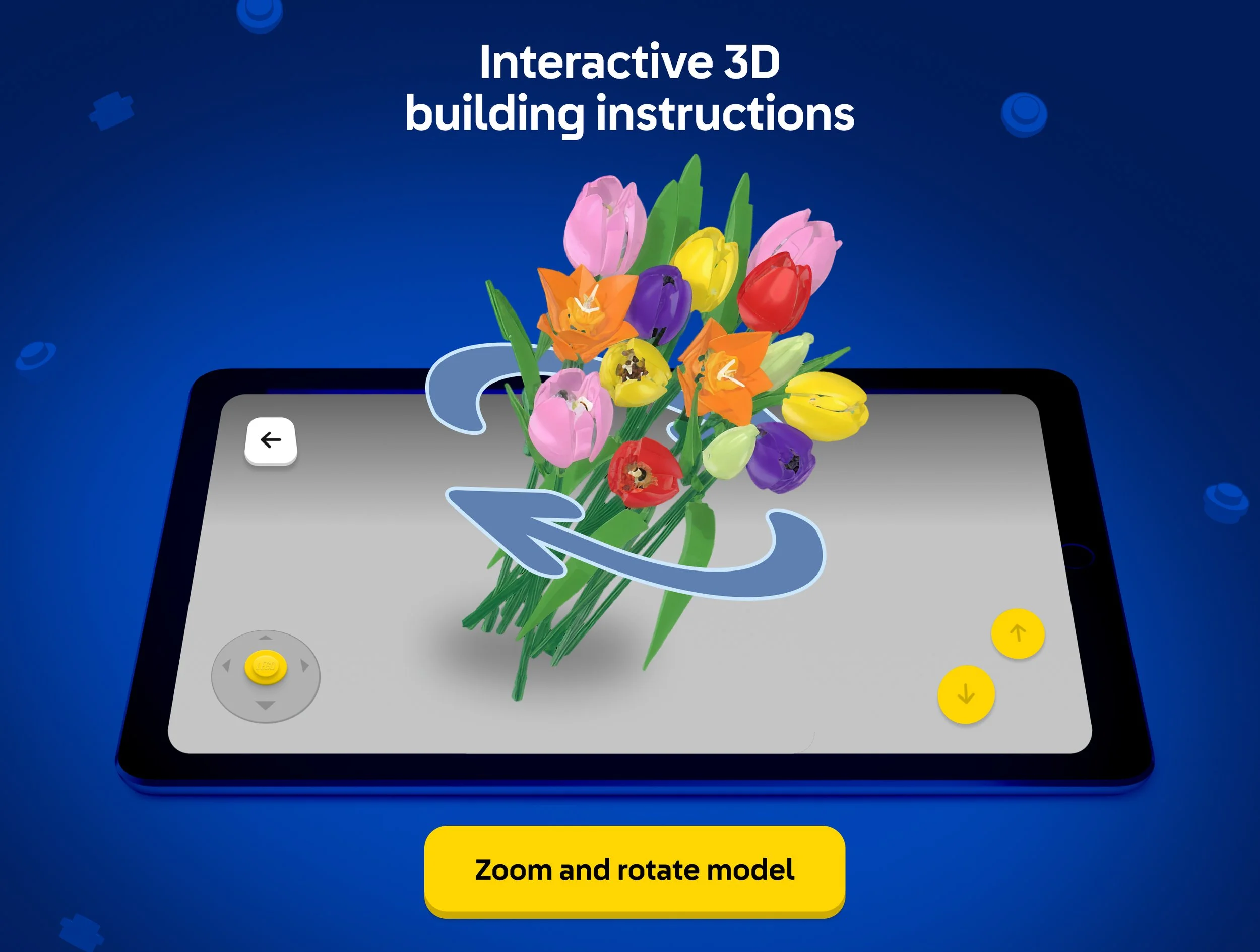 3D LEGO tulip bouquet model rotating on a tablet screen with zoom and rotate controls