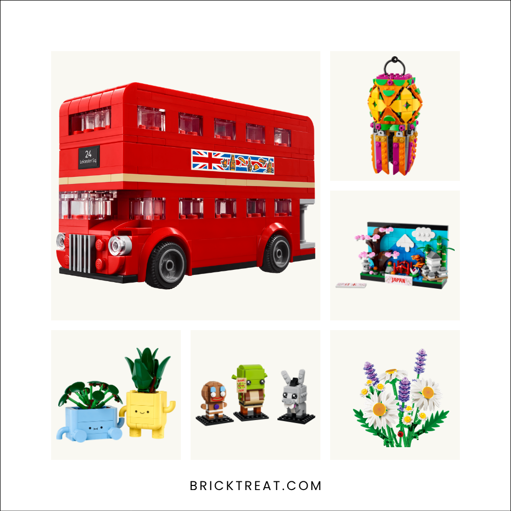 Six small LEGO sets on a white background: a red London bus, a colorful lantern, a Japan postcard, two smiling plant pots, Shrek figures and a daisy bouquet