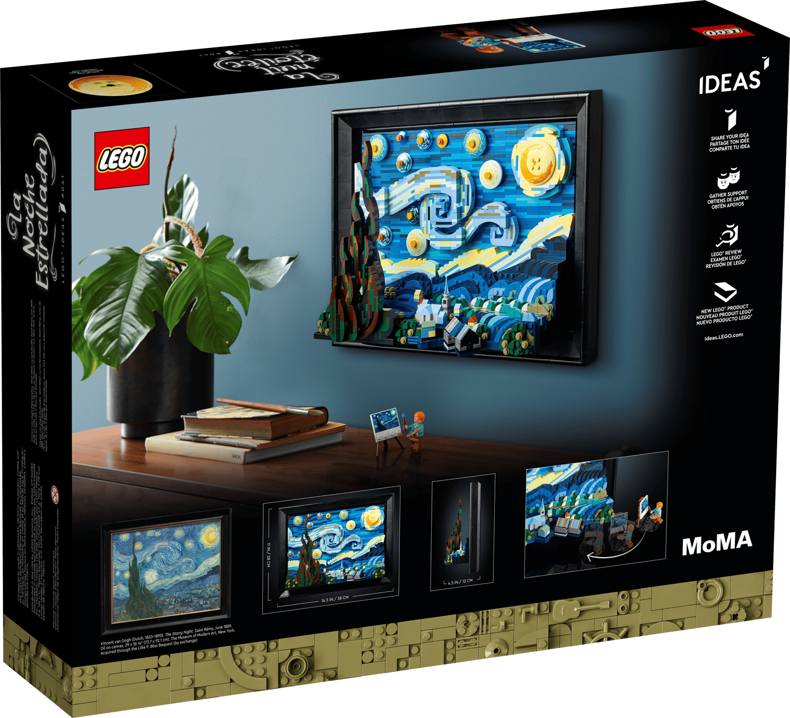 LEGO Ideas Starry Night set box back with the piece hung on a wall above a console table and the original painting shown
