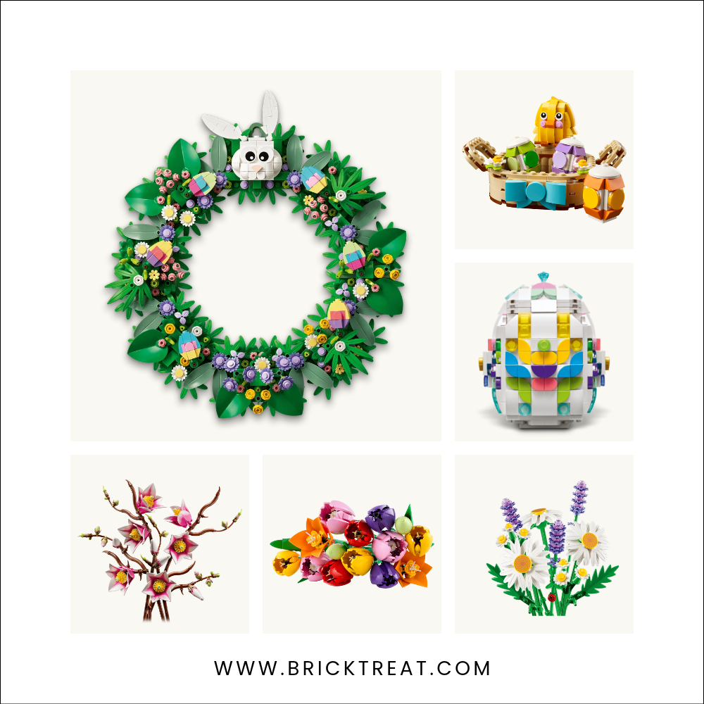 Collage of six LEGO sets: Spring Wreath, Easter Egg Basket, Decorative Easter Egg, Magnolia Branches, Tulip Bouquet and Daisies