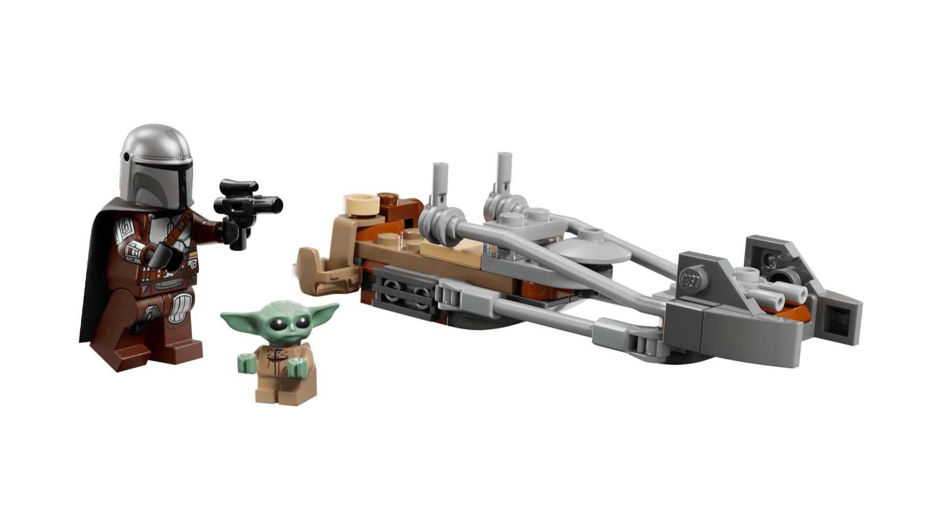 LEGO The Mandalorian and Grogu's Speeder Bike set with the Mandalorian holding a blaster, a small Grogu figure and a gray speeder bike on a white background