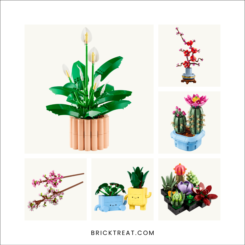 LEGO plant and flower sets that make hostess gifts, including a peace lily, plum blossom, flowering cactus, cherry blossoms, smiling planters and succulents