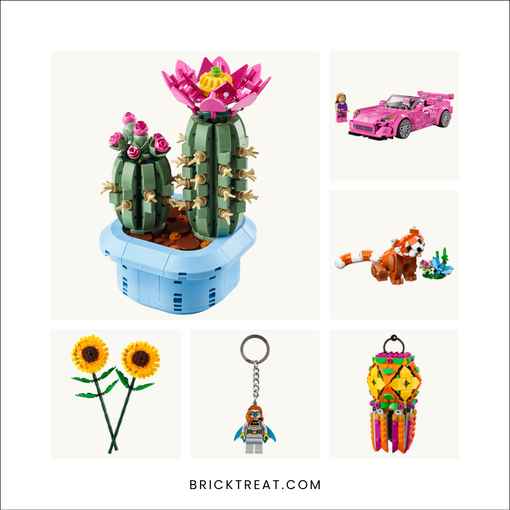 LEGO gift ideas collage with a flowering cactus, pink sports car, red panda, sunflowers, Batgirl key chain and colorful lantern