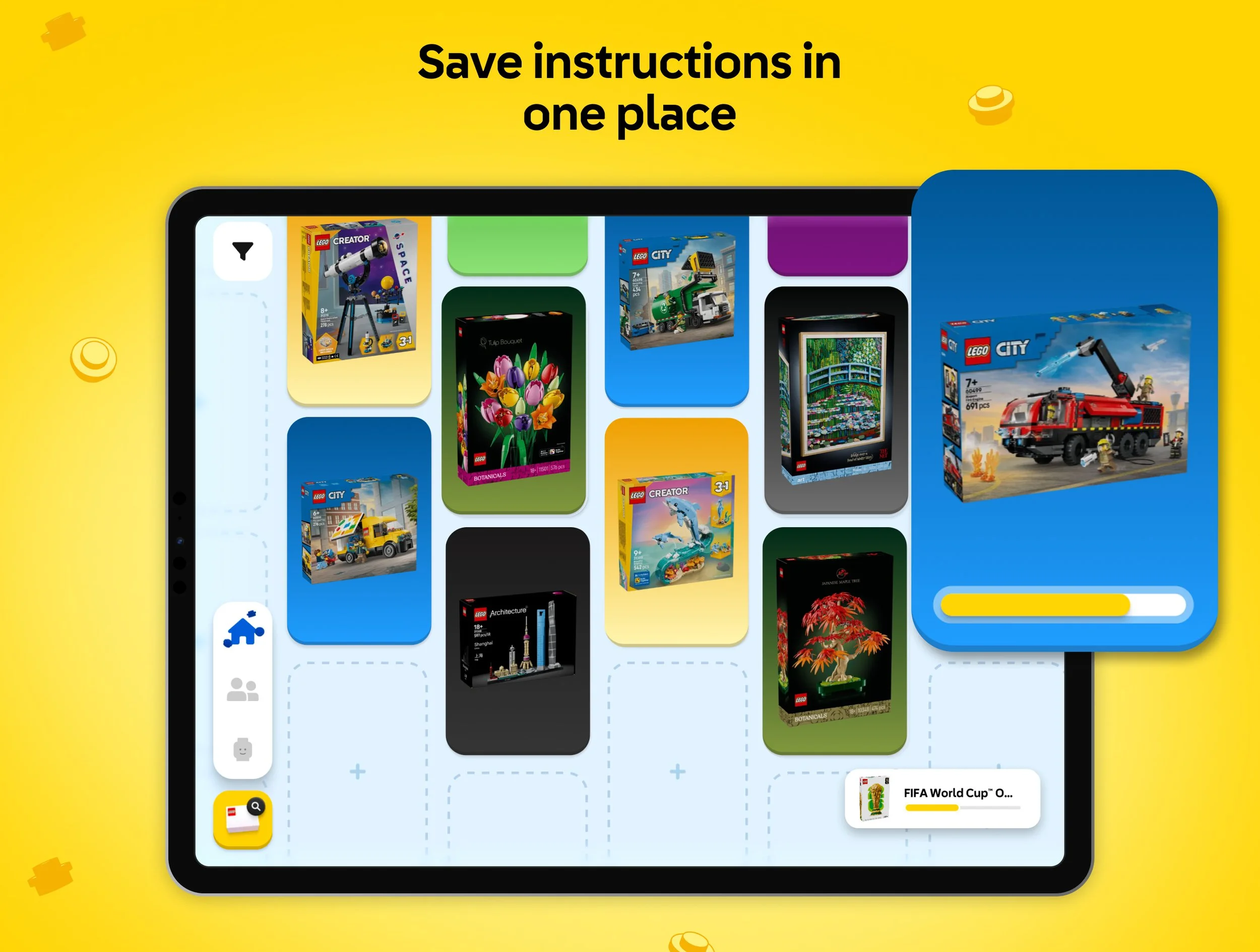 LEGO Creator, Botanicals, City, and Architecture sets saved together in a personal collection screen