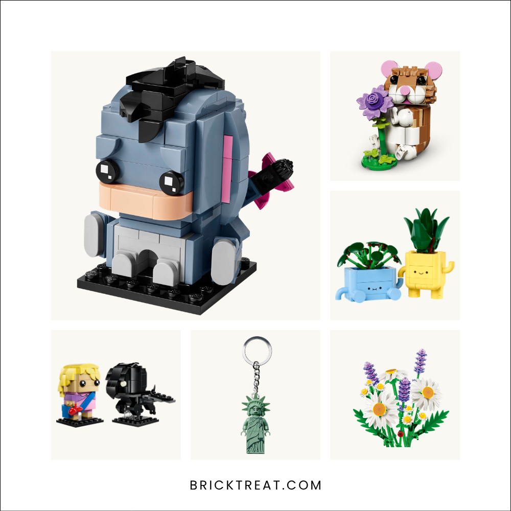Six small LEGO gifts for coworkers: Eeyore figure, hamster with a flower, two plant pots, Luna Lovegood and Thestral figures, Lady Liberty key chain, daisy bouquet