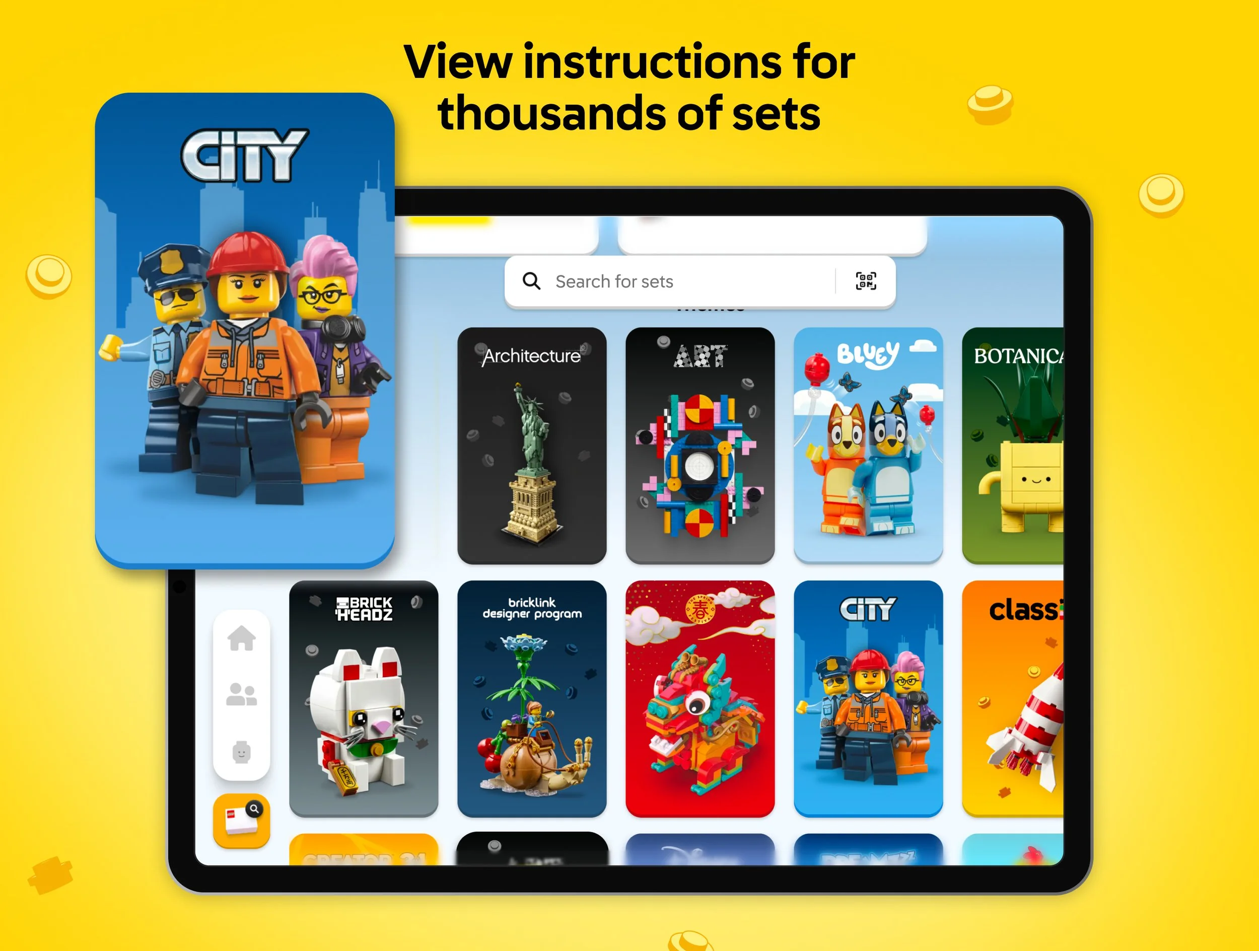 A library of LEGO set themes including Architecture, Art, and City browsed on a tablet screen