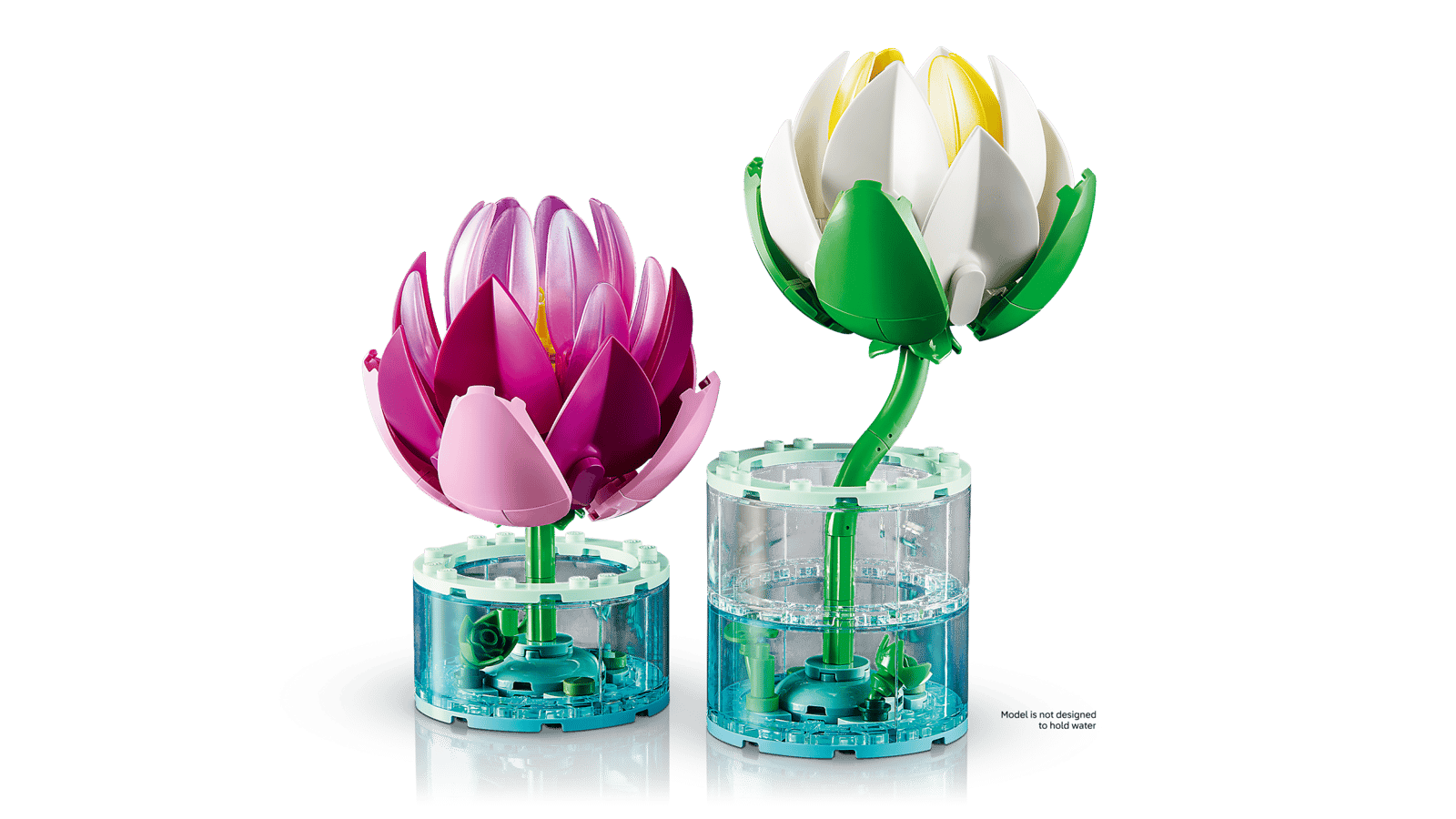 Pink and white LEGO water lilies, each in a clear blue pond-style base, on a white background