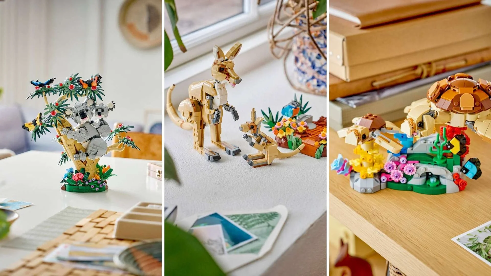 LEGO Family of Koalas set built three ways: koalas in a flowering tree, a kangaroo with a joey, and turtles on a coral base