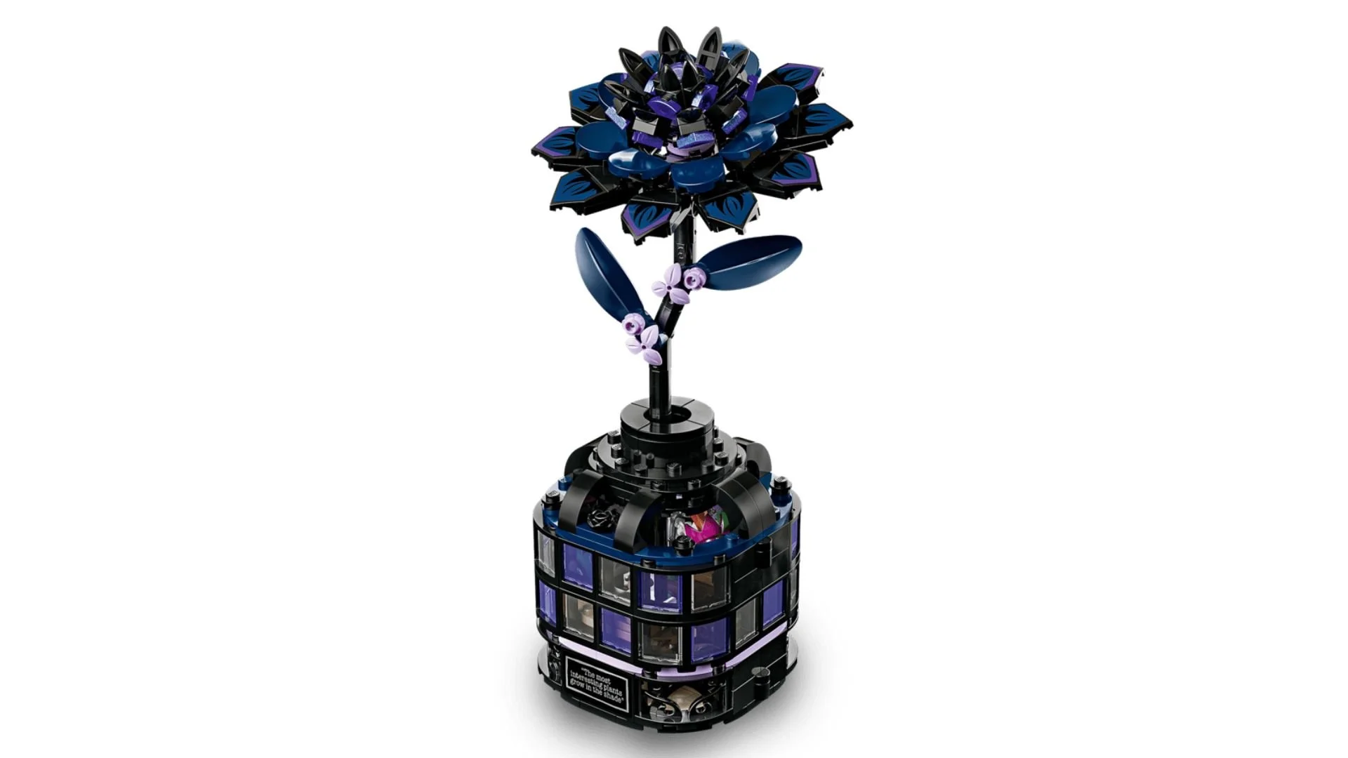 LEGO Black Dahlia Flower set with deep navy and black petals rising from a dark pot with purple window panels