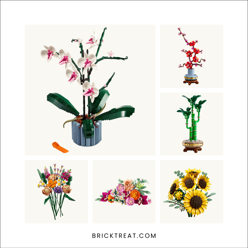 Product shots of six LEGO botanical sets: Orchid, Plum Blossom, Lucky Bamboo, Flower Bouquet, Pretty Pink Flower Bouquet and Sunflower Bouquet