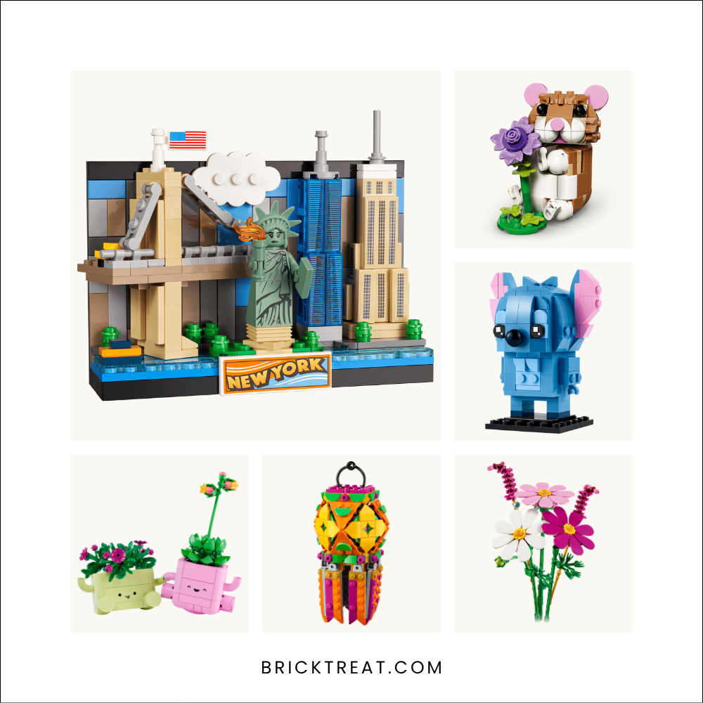 LEGO gift sets for neighbors, including a New York postcard, a hamster with a flower, a Stitch figure, smiling plant pots, a lantern and a cosmos bouquet