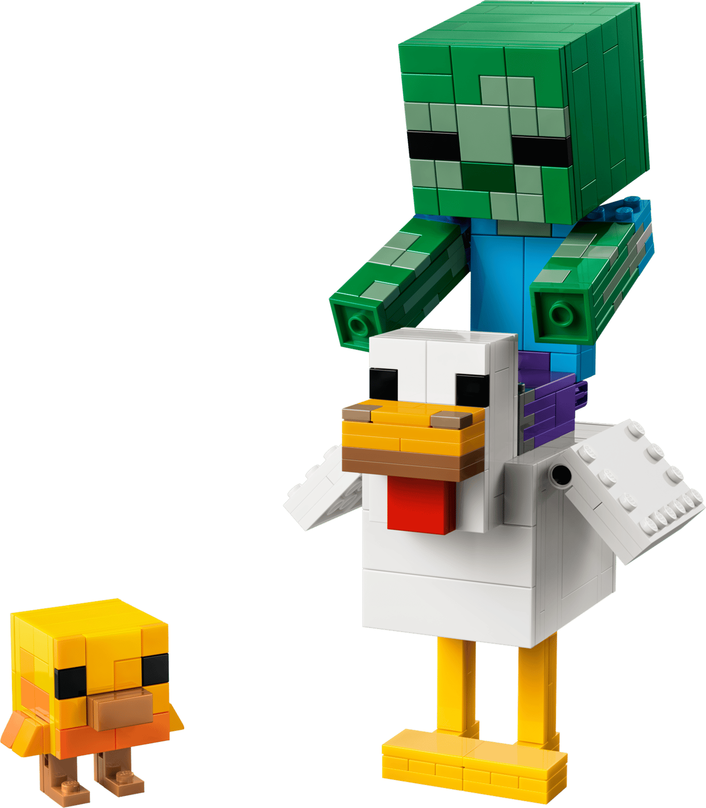 LEGO Minecraft Chicken Jockey figure with a zombie riding a chicken and a baby chick nearby, on a white background