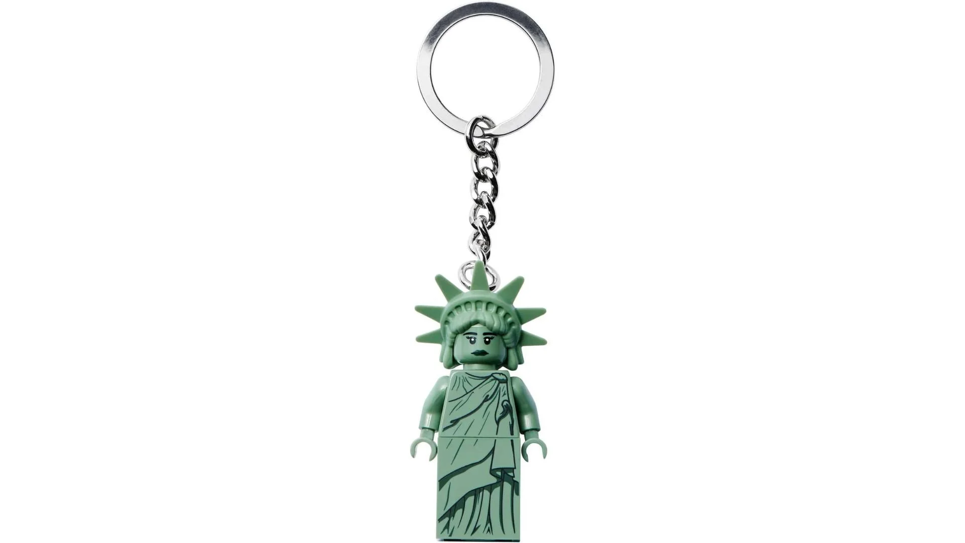 LEGO Lady Liberty key chain with a small green Statue of Liberty figure and spiked crown hanging from a silver ring