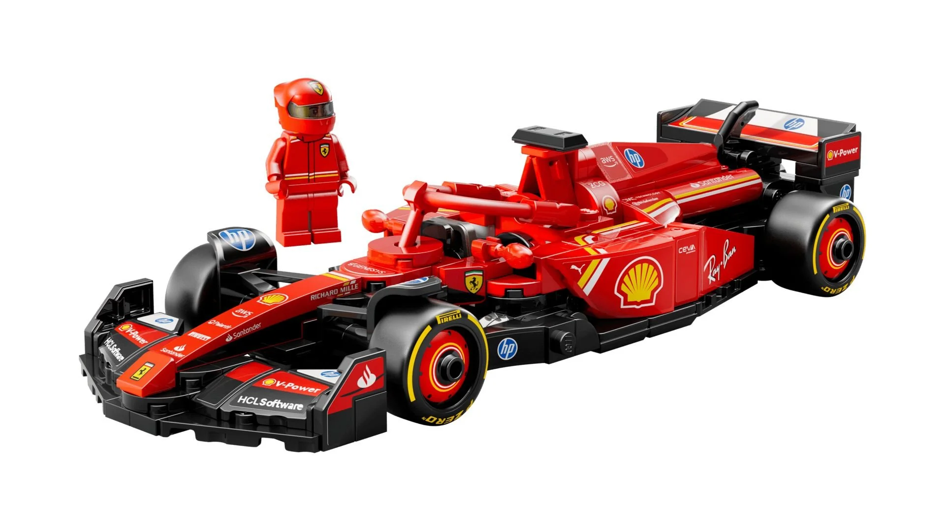 Red LEGO Ferrari SF-24 F1 race car with a small driver figure in a red race suit and helmet standing beside it
