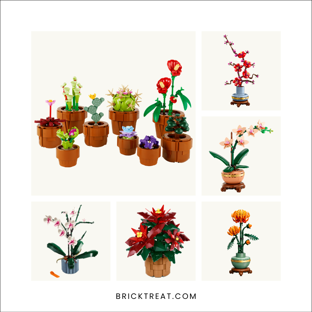 LEGO flower and plant sets for gift giving: Tiny Plants, Plum Blossom, Mini Orchid, Orchid, Poinsettia, and Chrysanthemum shown together on a cream background