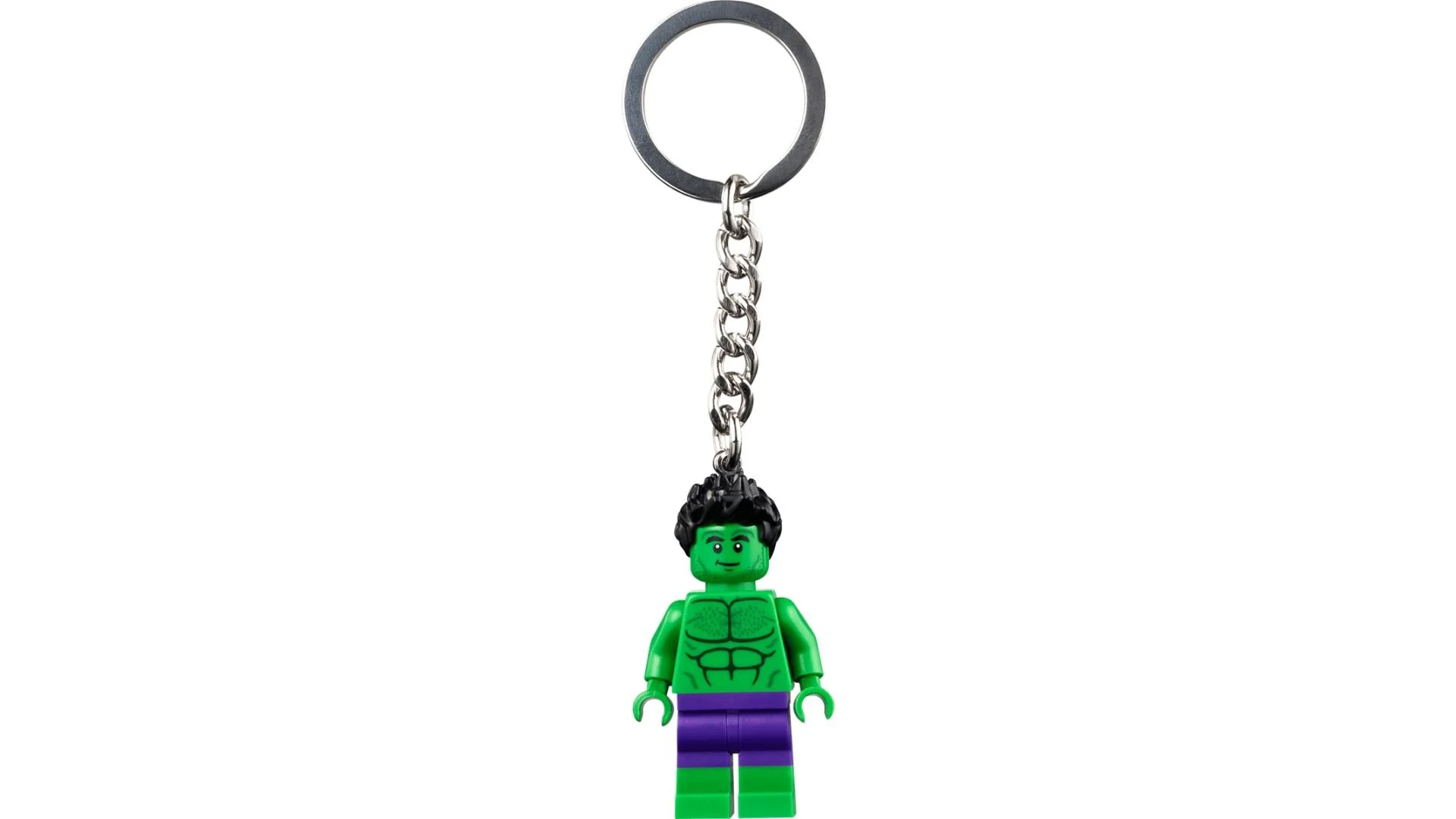 LEGO Hulk Key Chain with a green Hulk figure in purple shorts hanging from a silver chain and ring on a white background