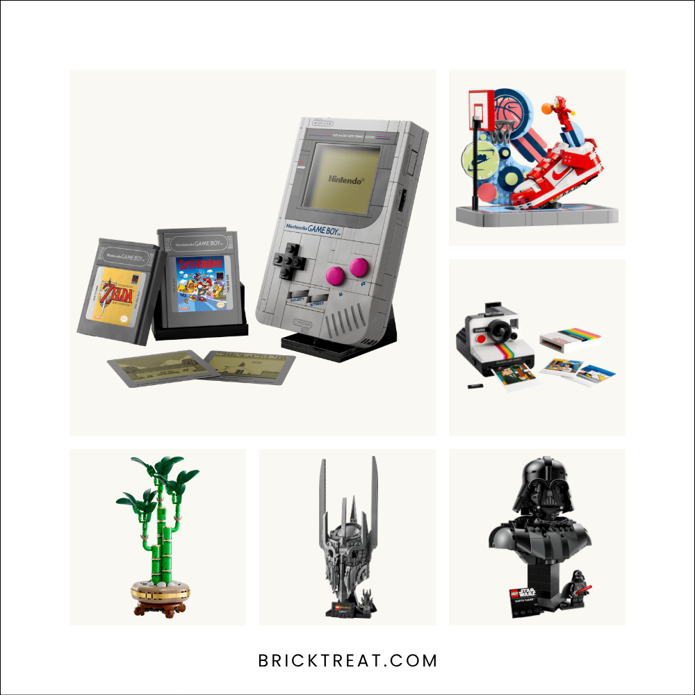 Six last-minute LEGO gift sets: Game Boy, Nike Dunk Trickshot, Polaroid camera, Lucky Bamboo, Sauron's Helmet and Darth Vader bust