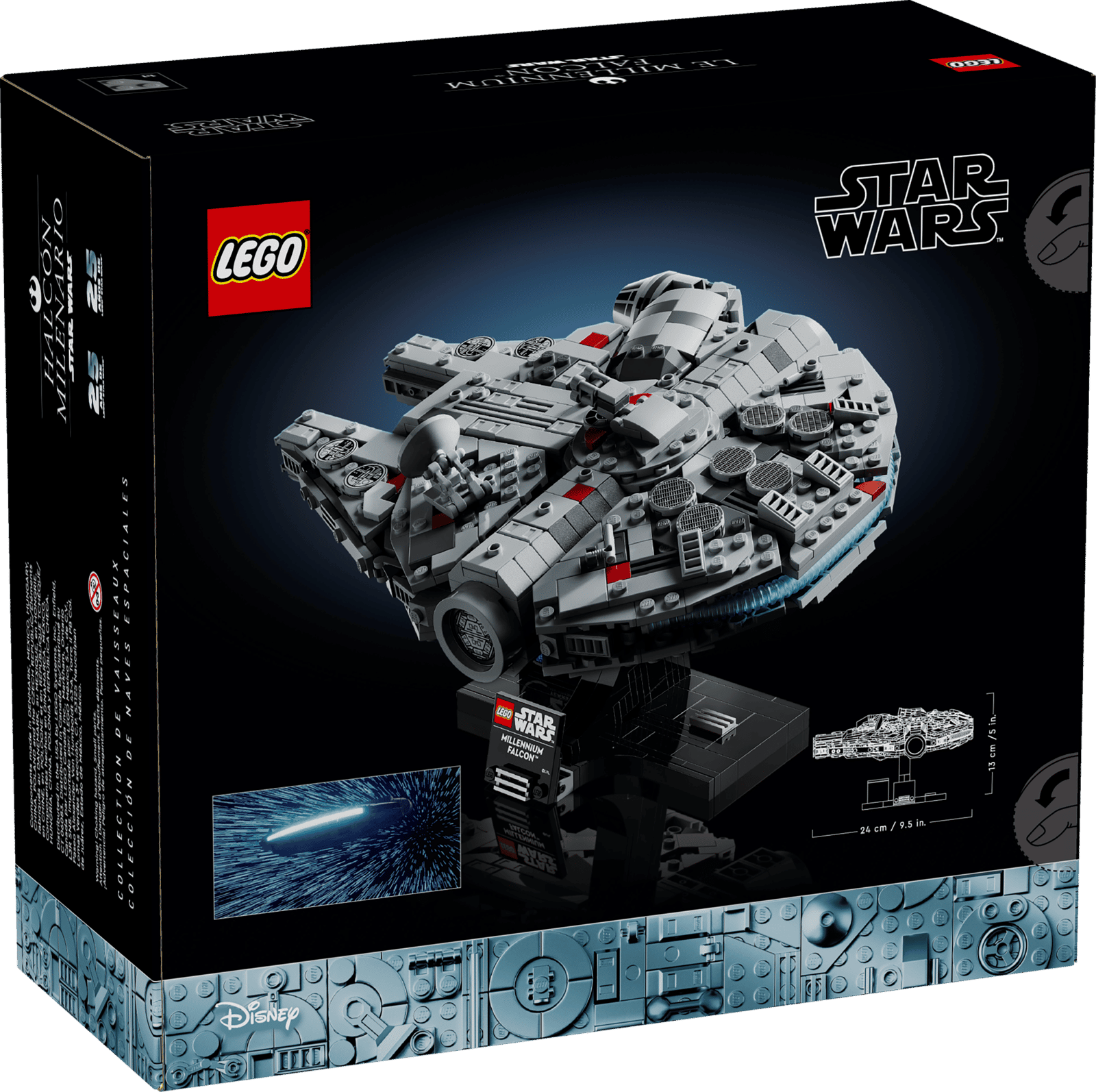 LEGO Millennium Falcon set box back with the model from another angle, its stand, and size dimensions noted