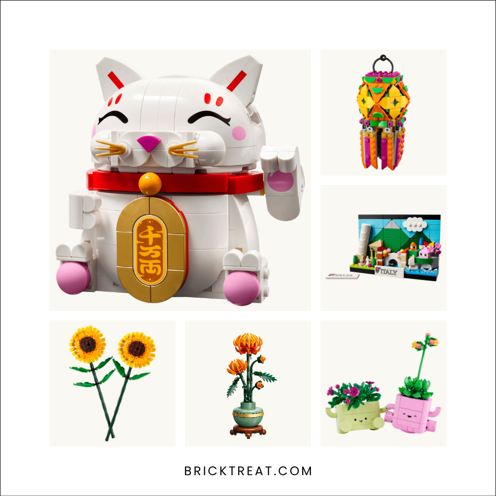 LEGO gifts to bring a host you barely know: Lucky Cat, Colorful Lantern, Italy Postcard, Sunflowers, Chrysanthemum and Rocking Plants sets shown together