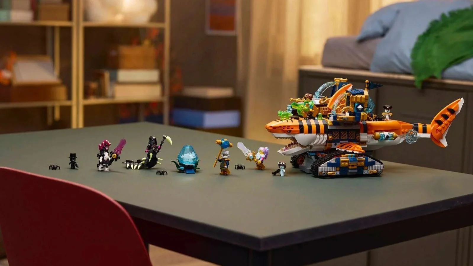 LEGO Tiger Shark Tank vehicle lined up with an assortment of minifigures and small creature figures on a dark table