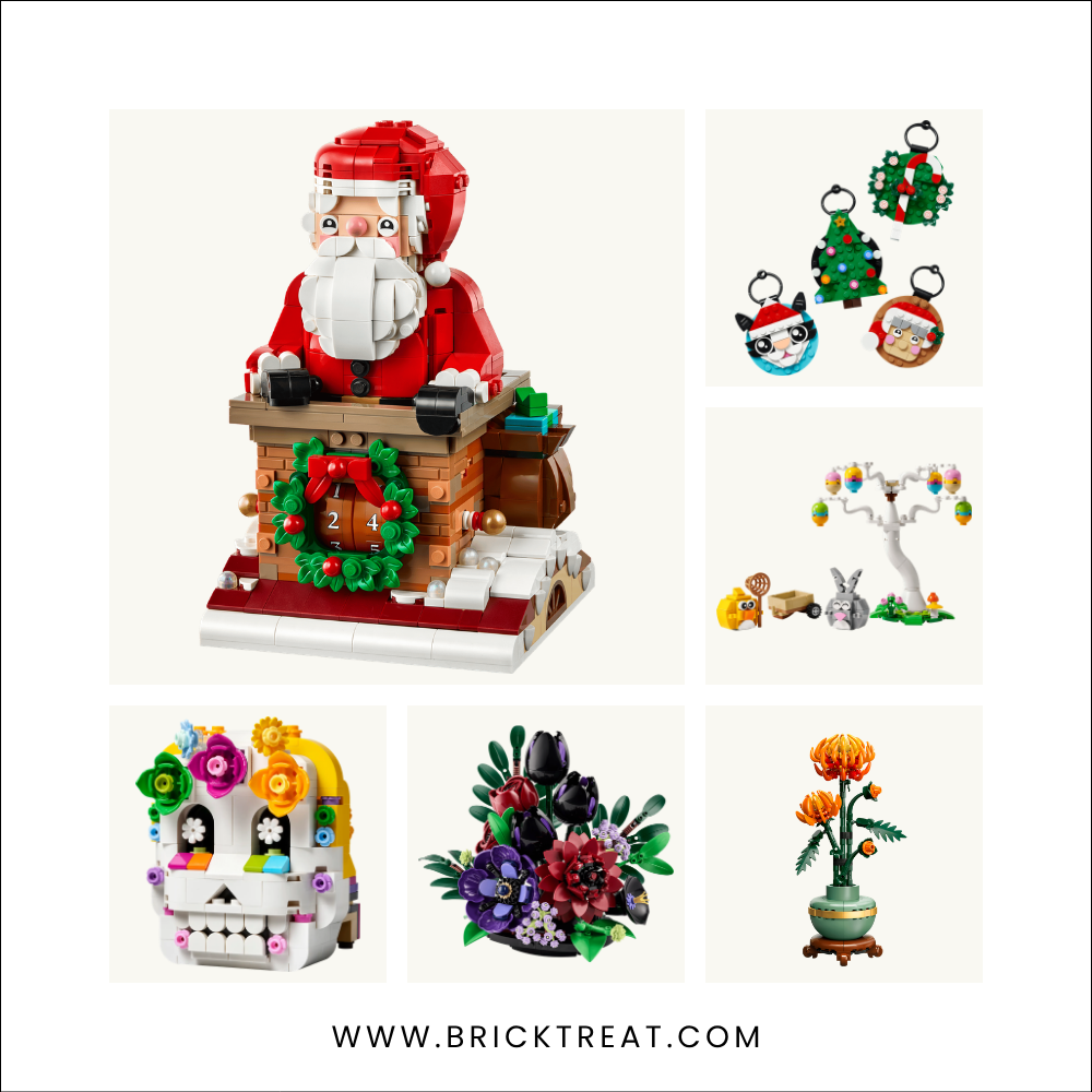Collage of six LEGO gift sets: Santa and chimney, Christmas ornaments, Easter egg tree, sugar skull, dark flower arrangement and chrysanthemum