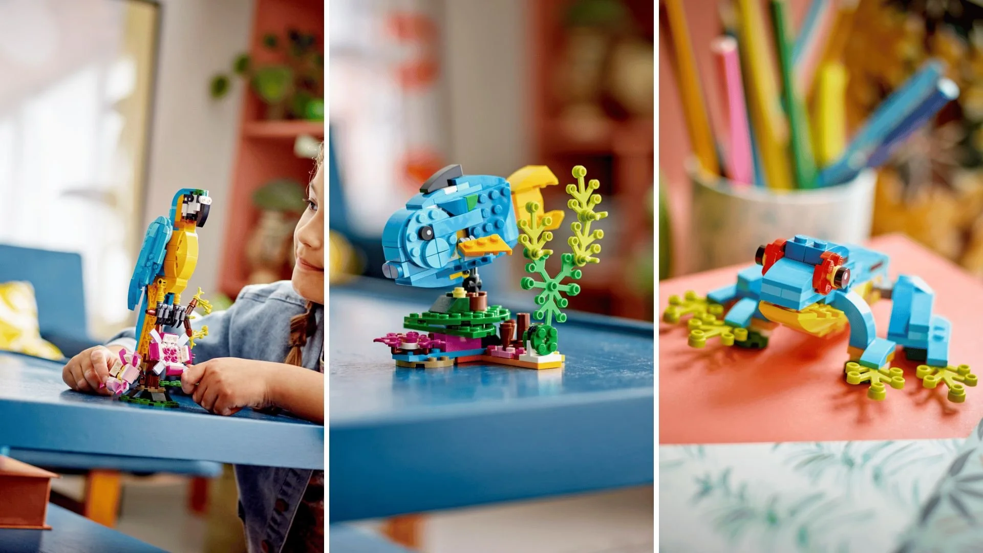 LEGO Exotic Parrot set built three ways: a blue and yellow parrot on a wood perch, a blue fish resting on a coral reef base, and a blue tree frog with red accents