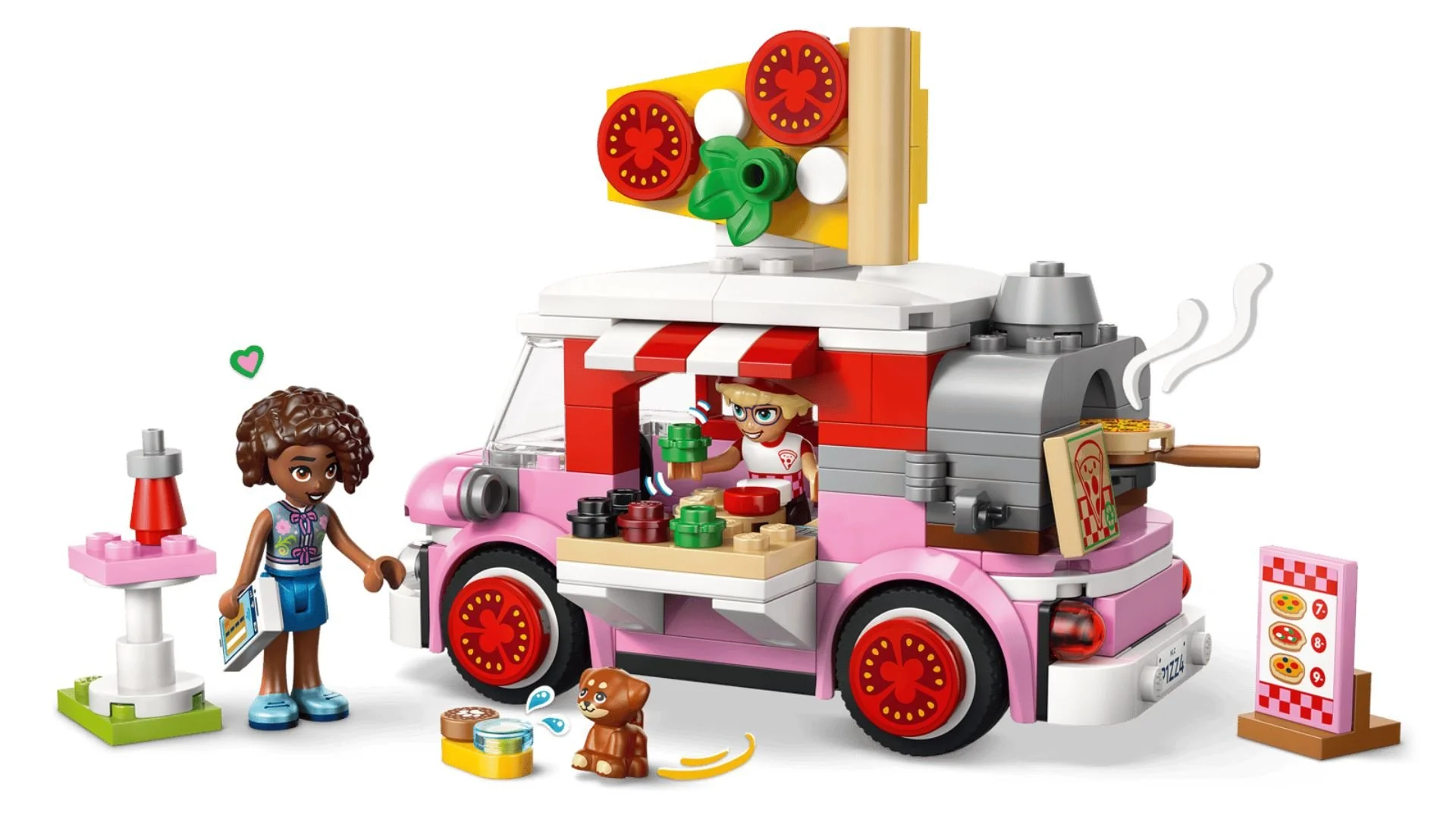 LEGO Pizza Truck set with a pink food truck, tomato-slice wheels, a brick pizza oven and a giant tomato sign, shown with two figures and a puppy