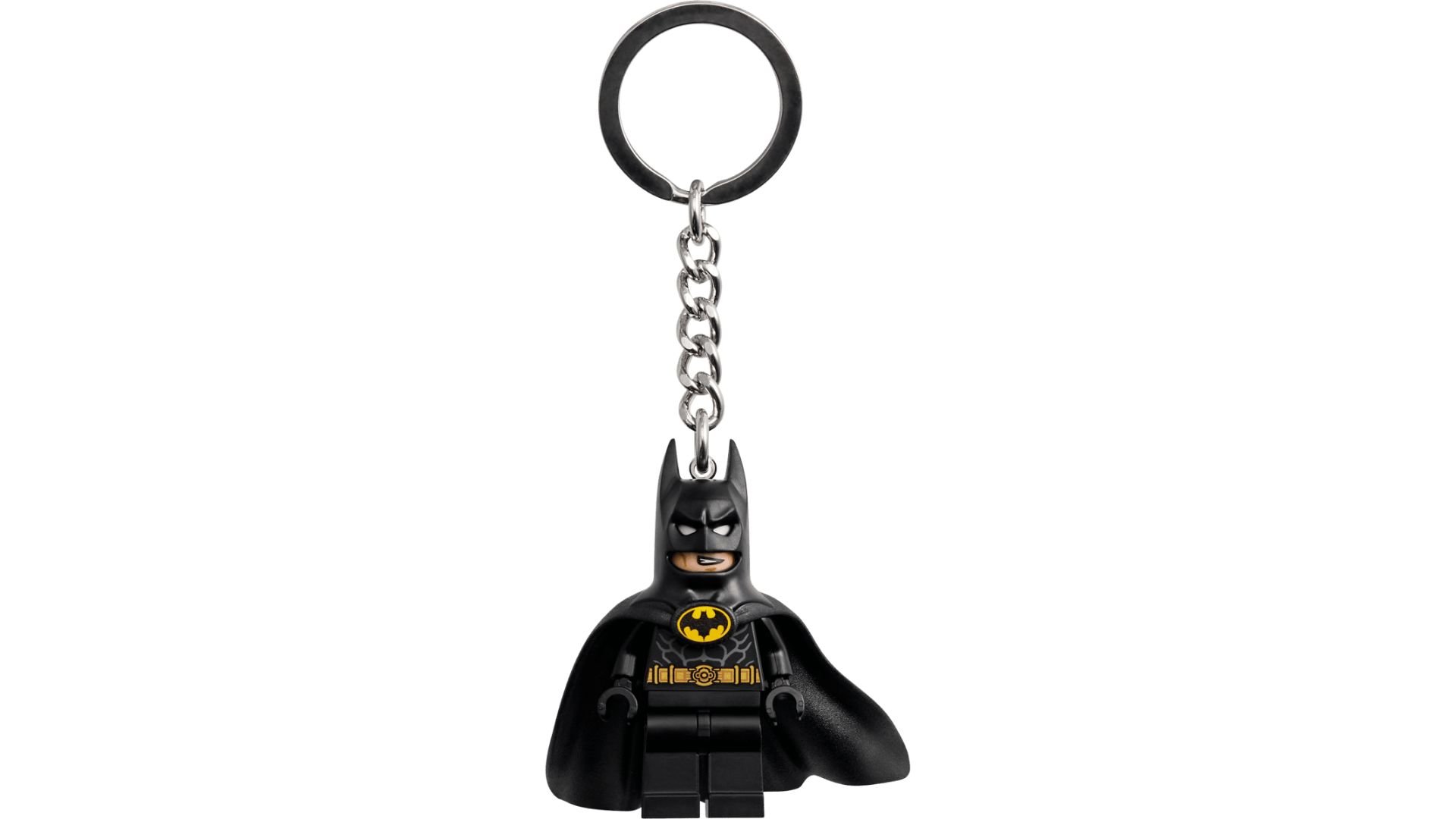 LEGO Batman key chain with a black-caped Batman figure hanging from a metal ring and chain on a white background