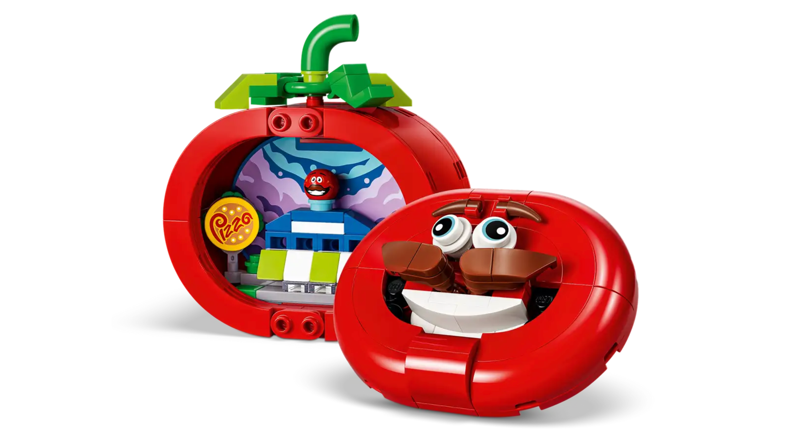 LEGO Fortnite Tomatohead set shown open to reveal the hidden pizza shop scene inside, and closed into its round smiling face