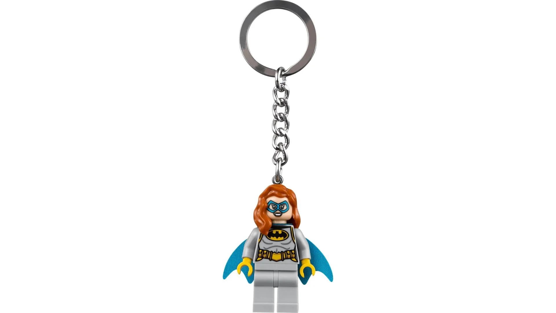 LEGO Batgirl key chain with a red-haired minifigure in a gray suit and teal cape hanging from a metal ring and chain
