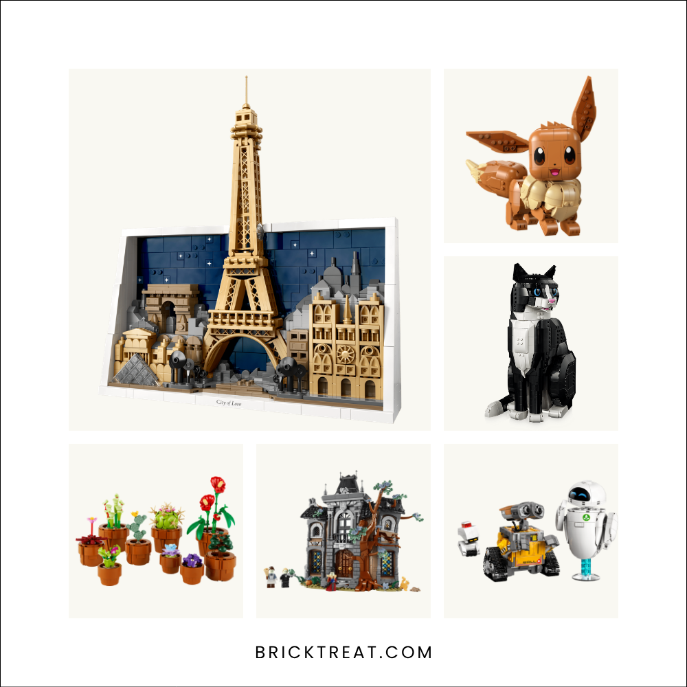 LEGO gifts for a wife: product shots of the Paris City of Love, Eevee, Tuxedo Cat, Tiny Plants, Mayor Manor, and WALL-E and EVE sets