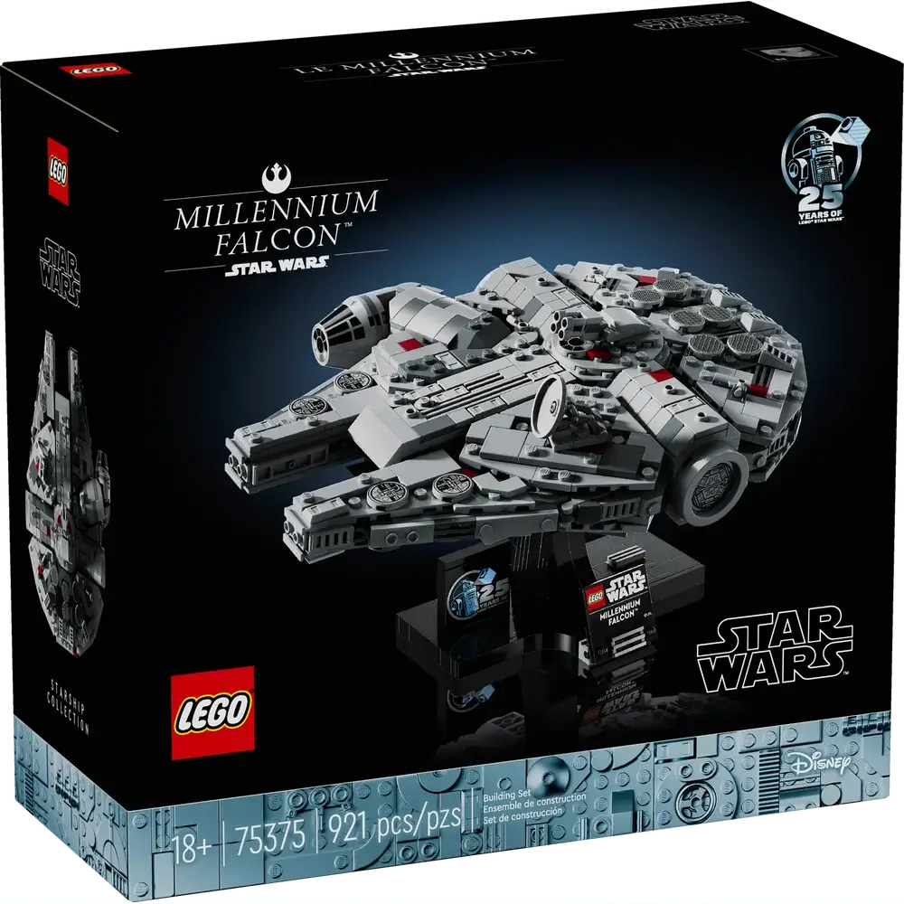 LEGO Millennium Falcon set box front showing the finished starship on its display stand against a dark background