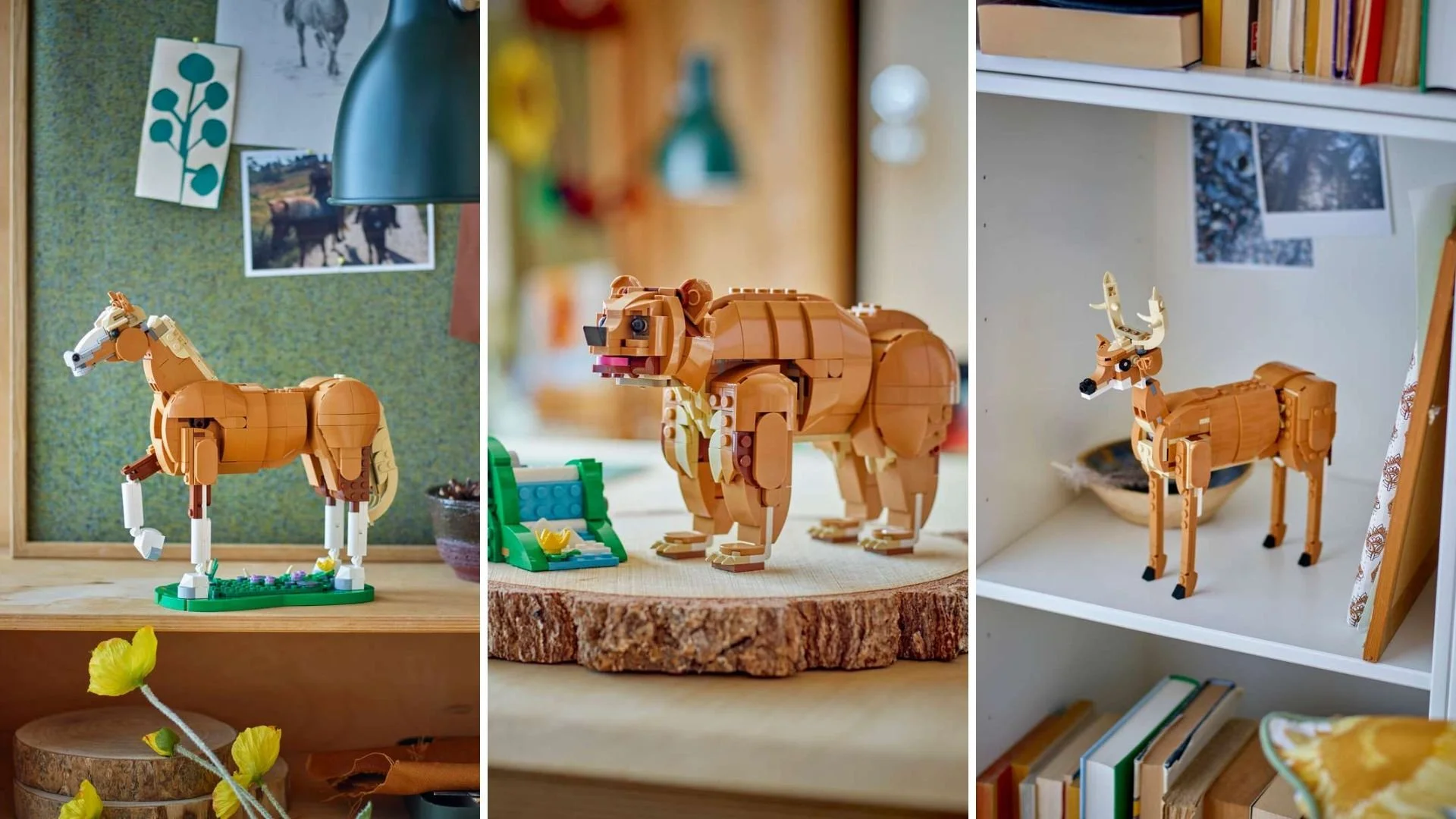 LEGO Beautiful Horse set built three ways: a tan horse standing on a grassy base, a brown bear on a wood slice base, and a tan deer with antlers