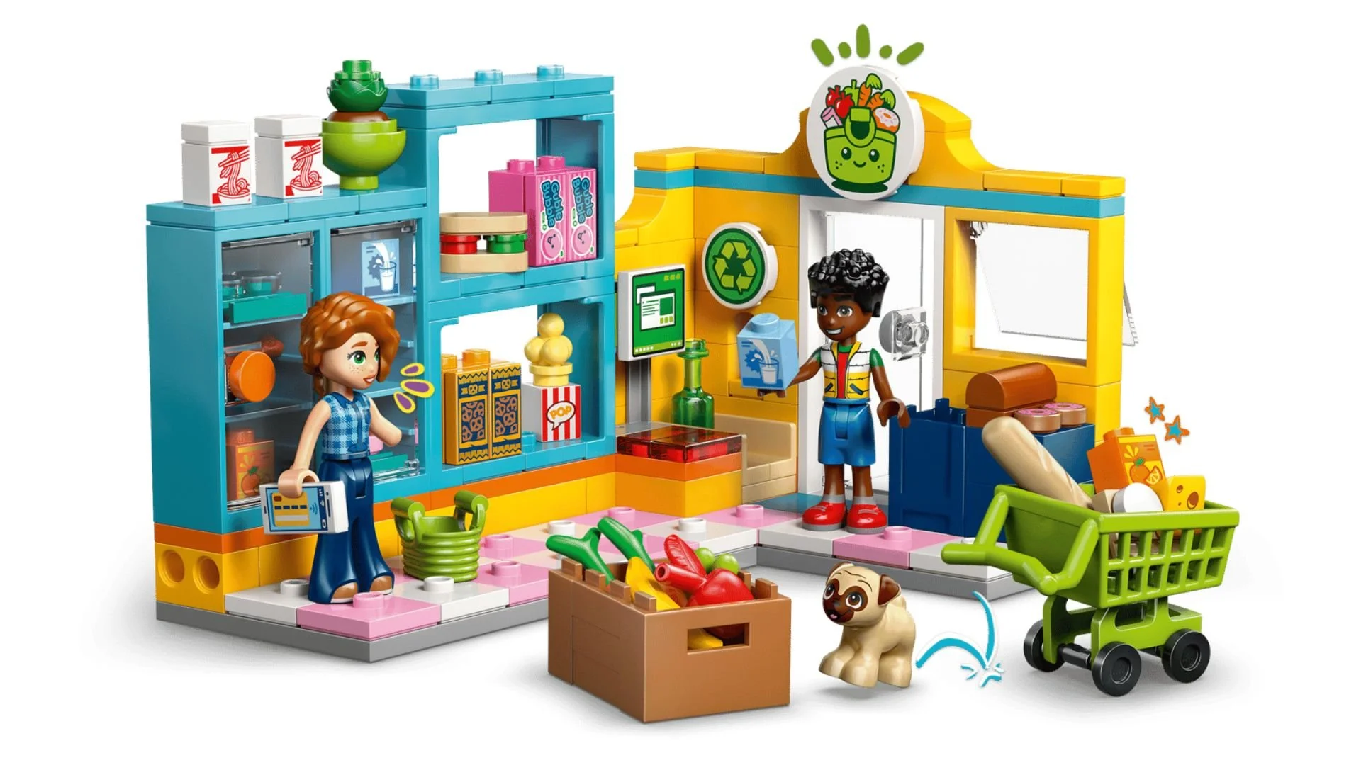 LEGO Heartlake City Convenience Store set with a blue and yellow corner shop, snack shelves, a green shopping cart, a produce crate, two figures and a pug
