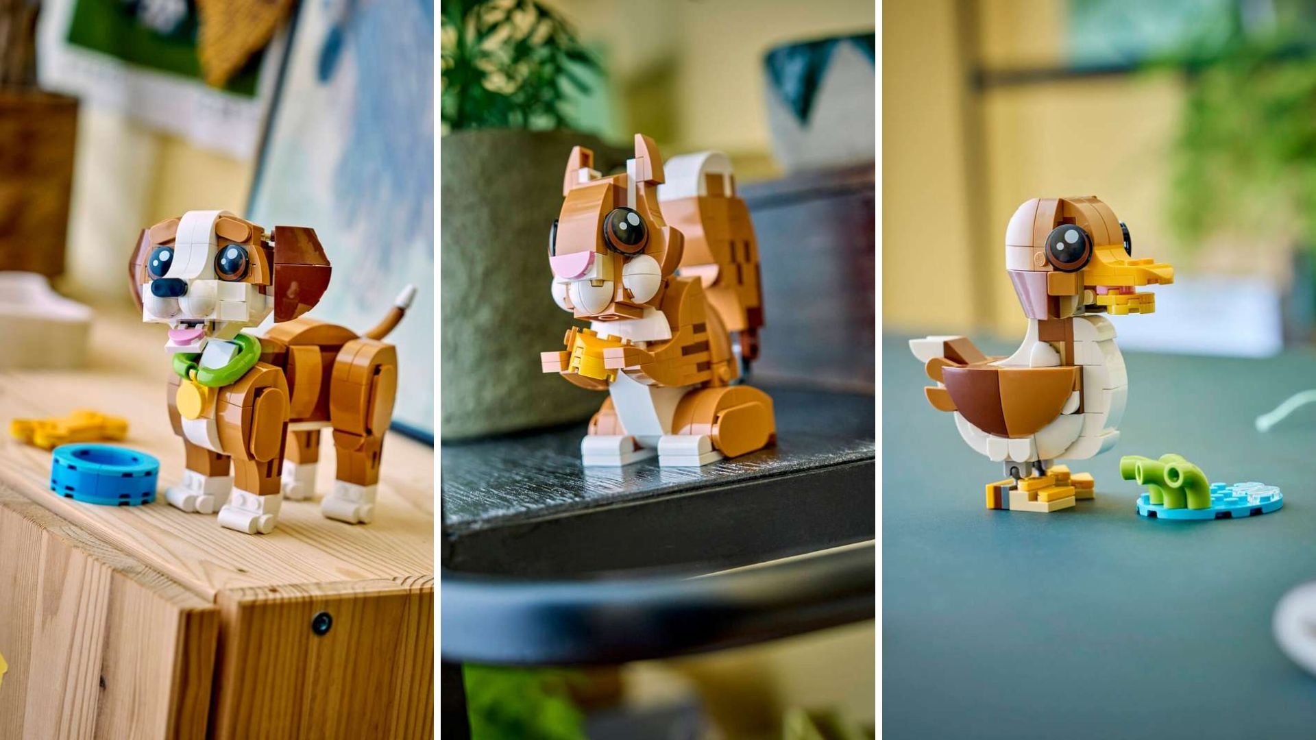 LEGO Playful Puppy Dog set built three ways: a brown and white puppy wearing a green collar, a brown and white kitten sitting upright, and a brown and white duck beside a watering can