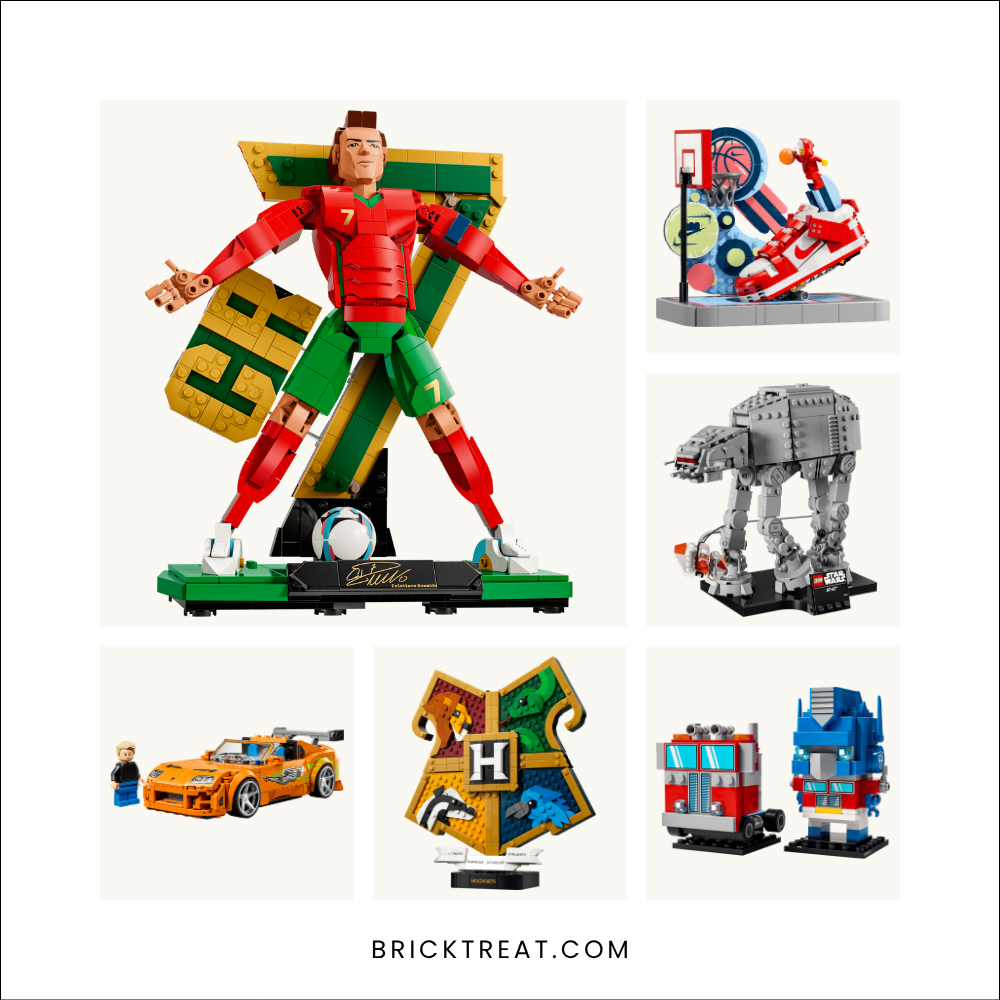 Six LEGO gift sets for brothers: a Ronaldo soccer figure, Nike Dunk sneaker, AT-AT walker, orange Supra, Hogwarts crest and Optimus Prime