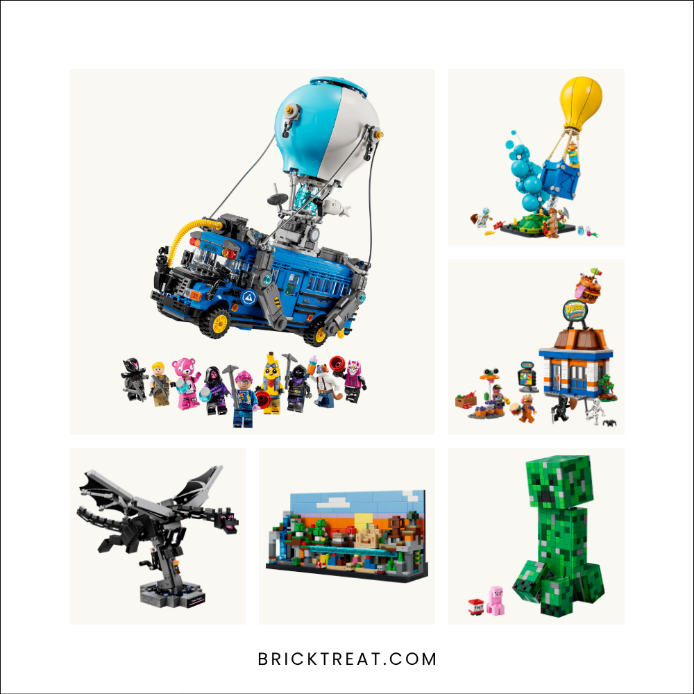 Six LEGO sets for gamers: Fortnite Battle Bus, Supply Drop and Durrr Burger Restaurant plus Minecraft Ender Dragon, Mini Biomes and Creeper