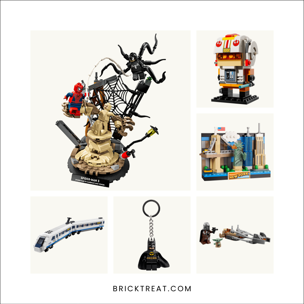 Product shots of six LEGO sets for male coworkers: Spider-Man vs. Sandman, Luke Skywalker Rebel Pilot, New York Postcard, High-Speed Train, Batman key chain and Mandalorian Speeder Bike
