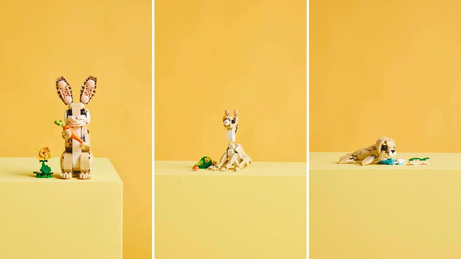 LEGO Cute Bunny set built three ways: a tan bunny holding a carrot beside a flower, a tan lamb sitting upright, and a tan seal lying down