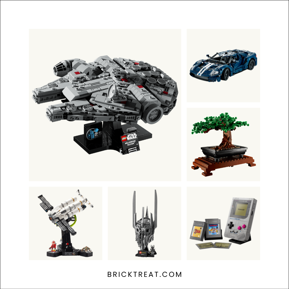 Six LEGO gift sets for a husband: Millennium Falcon, 2022 Ford GT, Bonsai Tree, Project Hail Mary, Sauron's Helmet and Game Boy