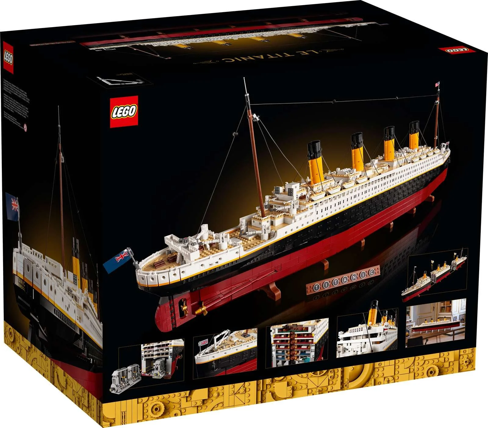 LEGO Titanic set box back with another angle of the ship, cutaway detail photos, and a styled home display