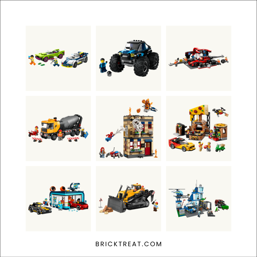 Product shots of nine LEGO sets in a three by three grid: monster truck, police chase cars, F1 pit stop, cement mixer, pizza shop, Spider-Man apartment, car wash, bulldozer and police station
