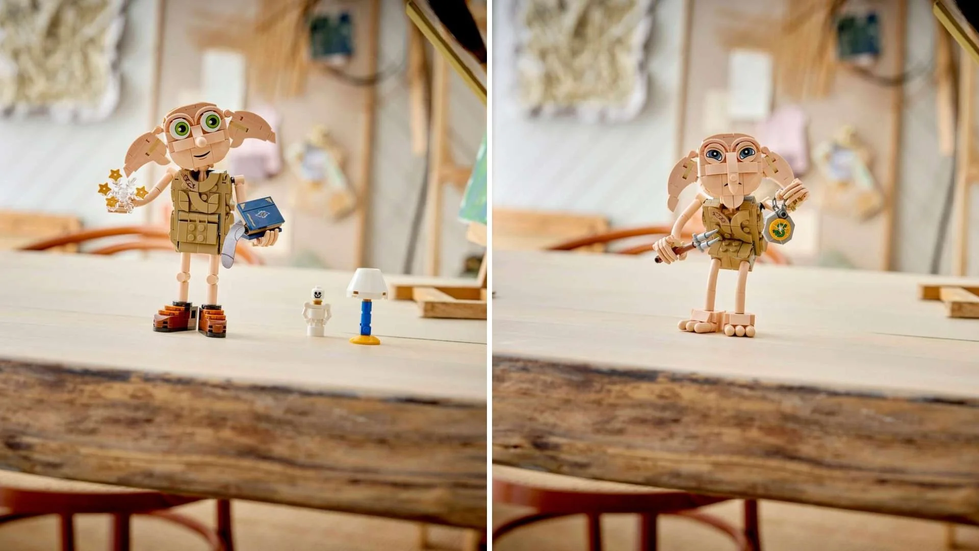 Two builds of the LEGO Harry Potter Dobby the Free Elf set on a wooden table, one smiling in shoes and holding a book and stars, the other barefoot and sad, holding a medallion