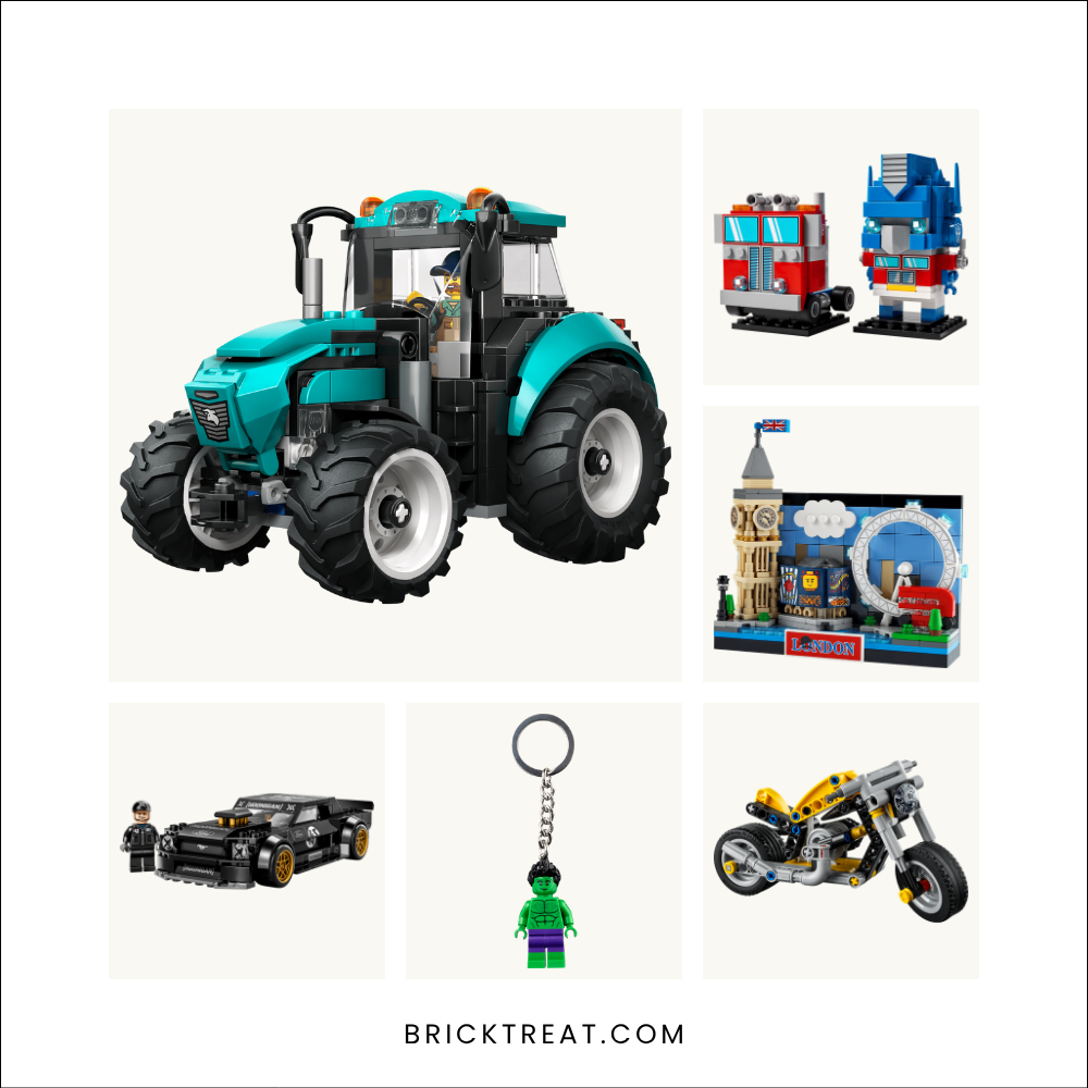 Product shots of six LEGO gift sets for gym bros in one picture: tractor, Optimus Prime, London postcard, Mustang, Hulk key chain and motorcycle