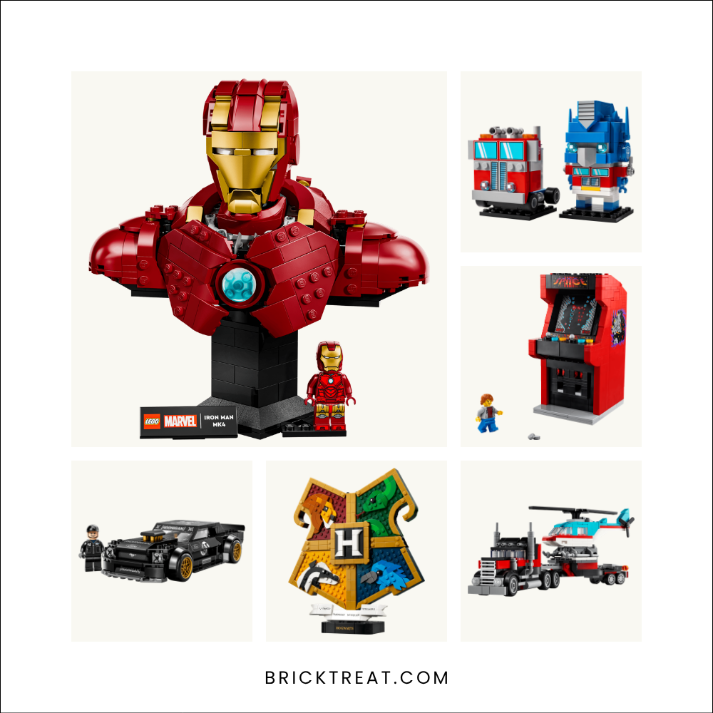 Six LEGO sets for guy friends: Iron Man bust, Optimus Prime, arcade machine, Mustang, Hogwarts crest and flatbed truck with helicopter
