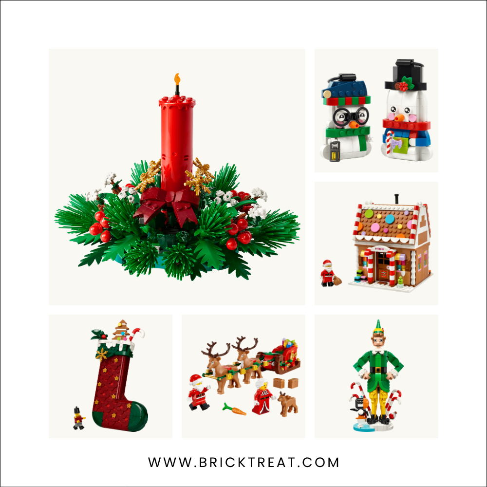 Six LEGO Christmas sets: candle table decoration, snowman ornaments, gingerbread house, stocking, Santa sleigh and Buddy the Elf